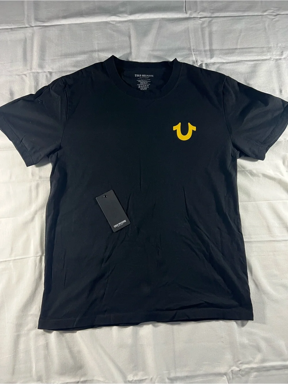 True Religion Black Tee with Yellow Logo Arch Graphic